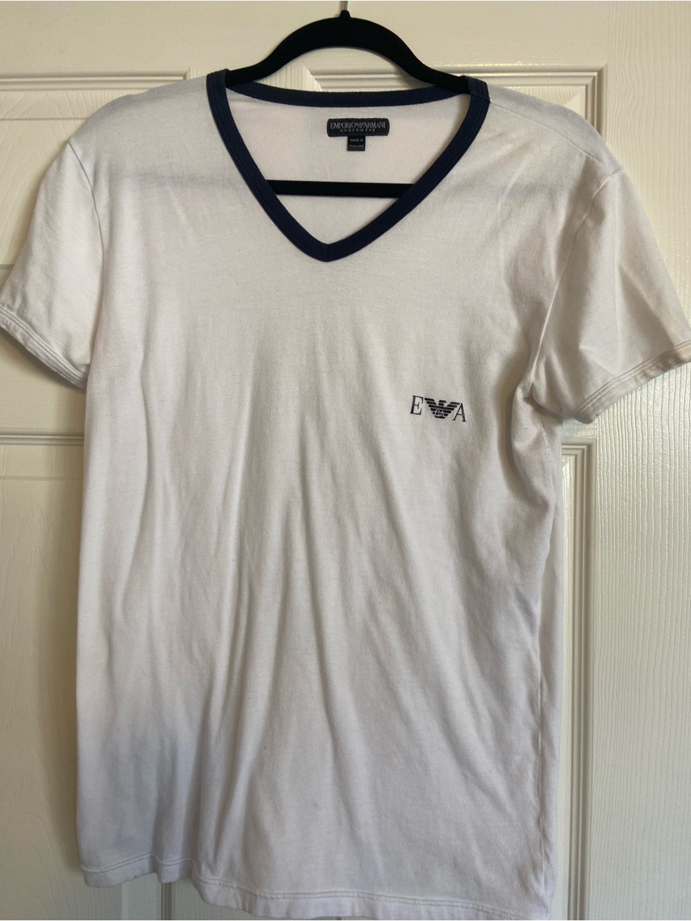 Emporio Armani White V-Neck Tee with Navy Trim
